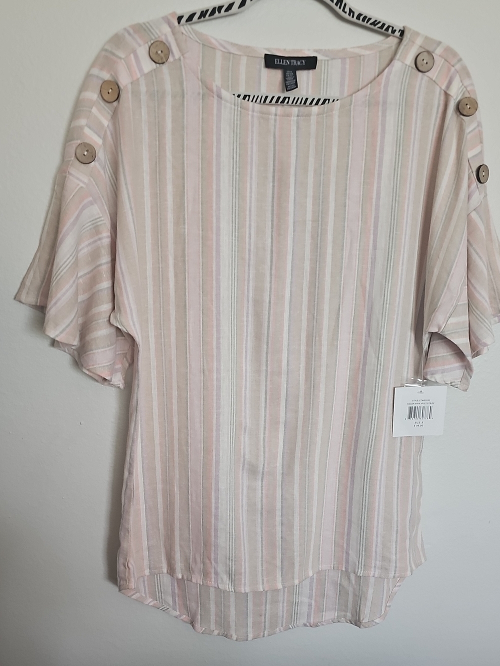 Ellen Tracy Pink Multistripe Striped Button Shoulder Top S NWT $89